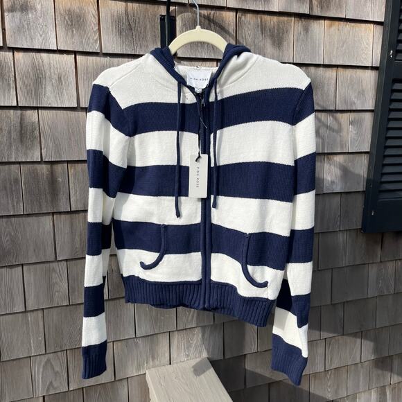 PINK ROSE, NWT, Knitted Zip Up Hooded Sweater, Blue & White Striped, Medium - Picture 1 of 4